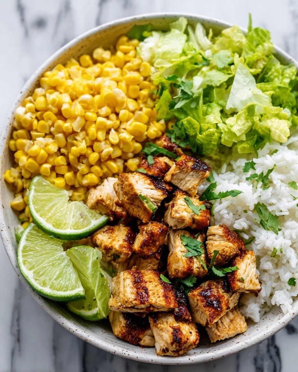 The image shows a round white bowl filled with four main layers arranged side by side: bright yellow corn kernels on the left, white rice with a fluffy texture on the right, grilled chicken chunks with a brown crispy outside topped with small green herbs placed in the center, and fresh light green lettuce leaves behind the chicken. Three lime wedges with a vibrant green skin and pale green inside are placed at the front edge of the bowl. The bowl sits on a white marbled surface. Photo taken with an iphone --ar 4:5 --v 7