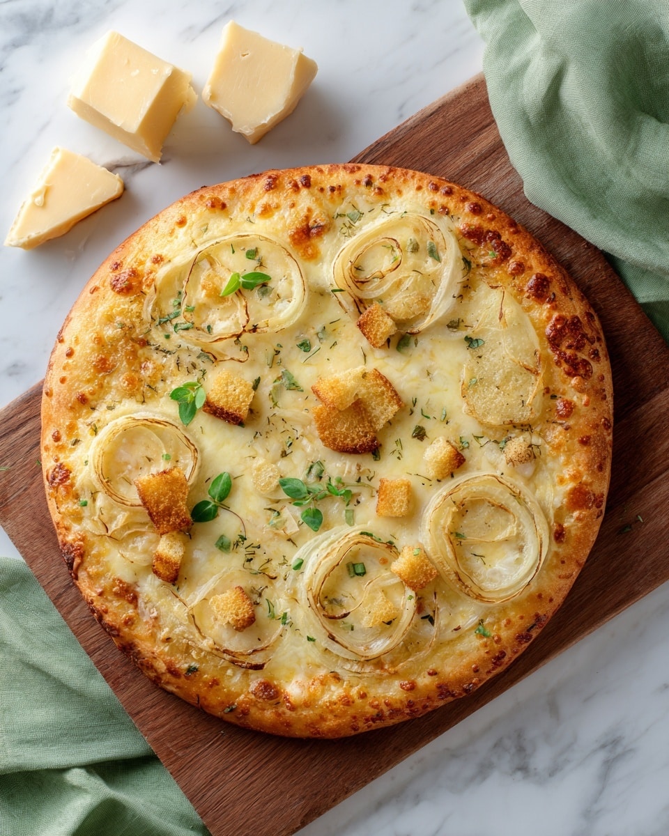A round pizza with a golden-brown crust topped with melted pale yellow cheese that covers the surface evenly. Light translucent onion rings are spread on top, along with small golden-brown croutons scattered across the pizza. Fresh green herb leaves are sprinkled over for a touch of color contrast. The pizza sits on a wooden board with two blocks of pale yellow cheese and a green cloth nearby on a white marbled surface. Photo taken with an iphone --ar 4:5 --v 7