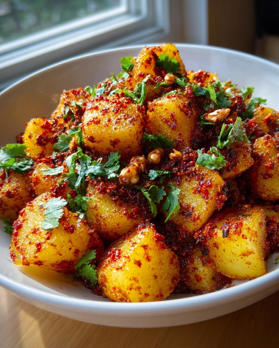 The image shows a white bowl filled with golden yellow potato cubes covered in a thick layer of reddish chili powder and spices. The potatoes have a slightly crispy texture, and small green cilantro leaves are scattered on top, adding a fresh touch. There are bits of tiny fried garlic or onion pieces mixed in, giving more texture and color contrast. The bowl is placed on a wooden table near a window, with natural light highlighting the rich colors and textures of the dish. photo taken with an iphone --ar 4:5 --v 7
