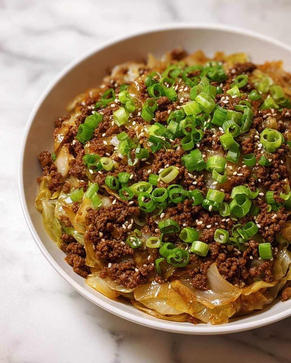 A white bowl is filled with two main layers: the bottom layer is cooked cabbage, soft and translucent with a light golden-brown tint from cooking, and on top is a thick layer of finely crumbled cooked ground beef, deep brown in color. The beef is garnished with bright green chopped scallions scattered evenly and a light sprinkle of small white sesame seeds. The bowl sits on a white marbled surface. photo taken with an iphone --ar 4:5 --v 7