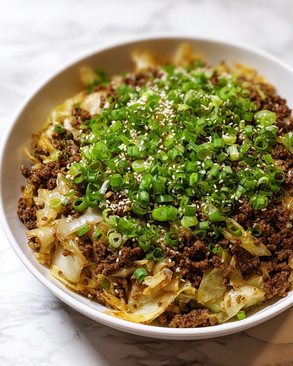 A white bowl filled with a dish that has two main layers: the bottom layer is light golden cooked cabbage pieces that look soft and slightly oily, mixed with dark brown cooked ground beef that is crumbly and moist. The top layer is a generous amount of fresh bright green chopped scallions scattered over the meat and cabbage, with small white sesame seeds sprinkled evenly on top. The bowl is placed on a white marbled texture surface. photo taken with an iphone --ar 4:5 --v 7