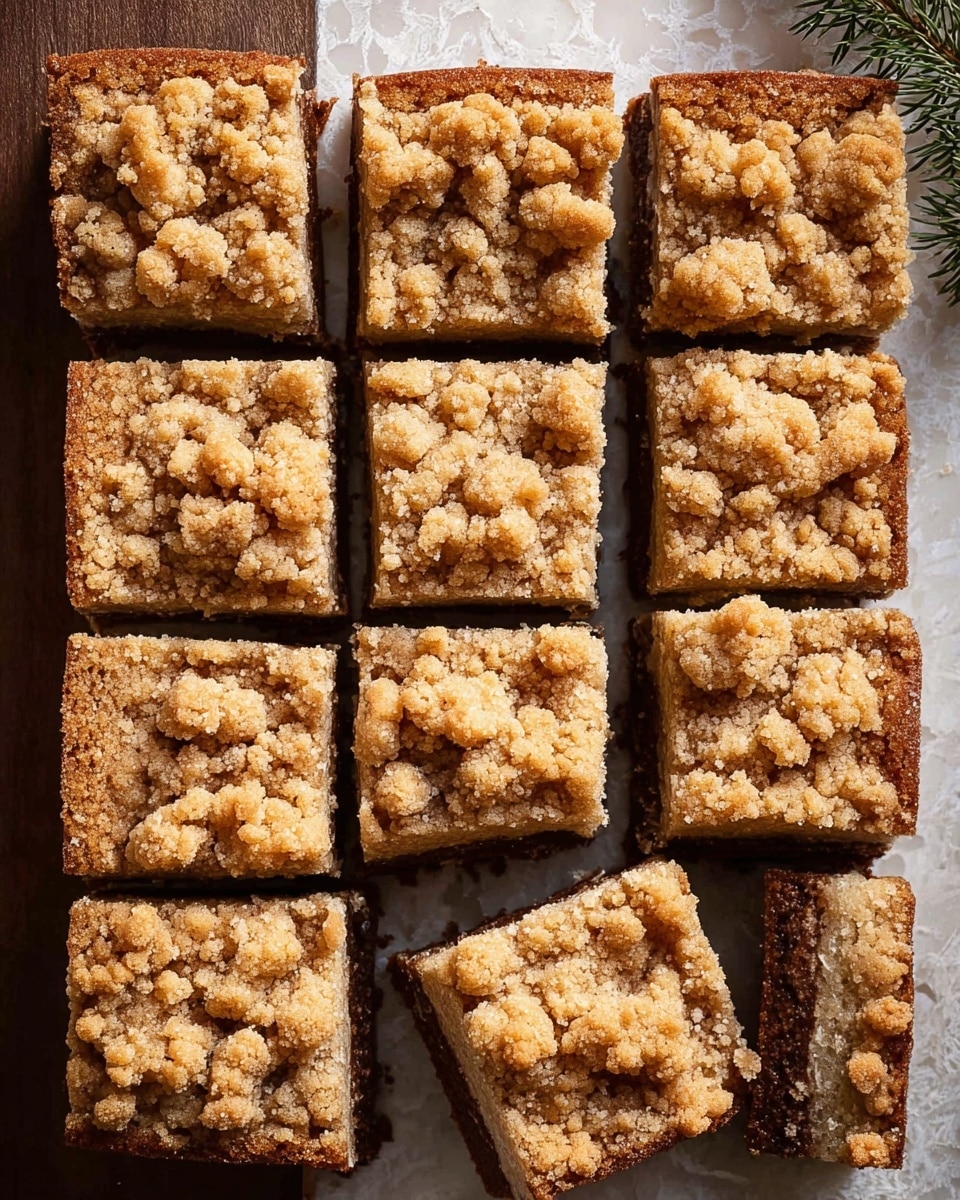 Nine square pieces of crumb cake are arranged in a tight grid on a white marbled textured surface with one piece slightly separated to show the side. Each piece has two layers: a thick dark brown cake base with a moist and dense texture and a generous top layer of light golden brown crumb topping, which is rough, chunky, and irregular. The crumb layer has a mix of smaller and larger clusters scattered unevenly across the top, giving a crunchy look that contrasts with the soft interior. Photo taken with an iphone --ar 4:5 --v 7