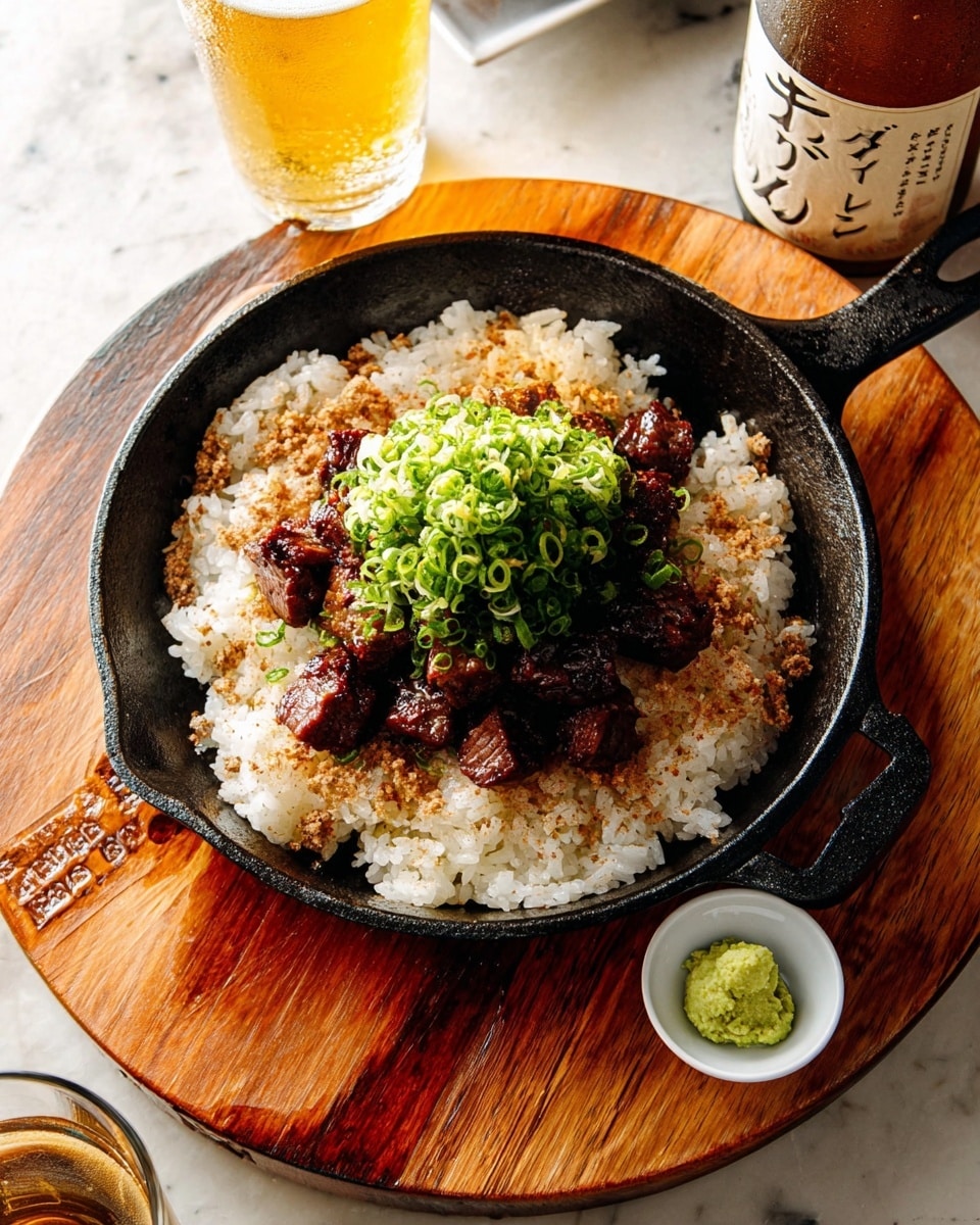 A black cast iron pan sits on a round wooden board, filled with a base layer of white rice mixed with small toasted brown bits scattered throughout. On top of the rice are dark brown grilled beef cubes arranged in a small mound at the center. Sitting neatly on the beef is a heap of finely chopped bright green scallions. A small white bowl with a dollop of green wasabi sits near the pan, alongside a clear glass of golden beer with a frothy white head, and a brown bottle with a light label featuring Japanese text. The setting is on a smooth white marbled surface. Photo taken with an iphone --ar 4:5 --v 7
