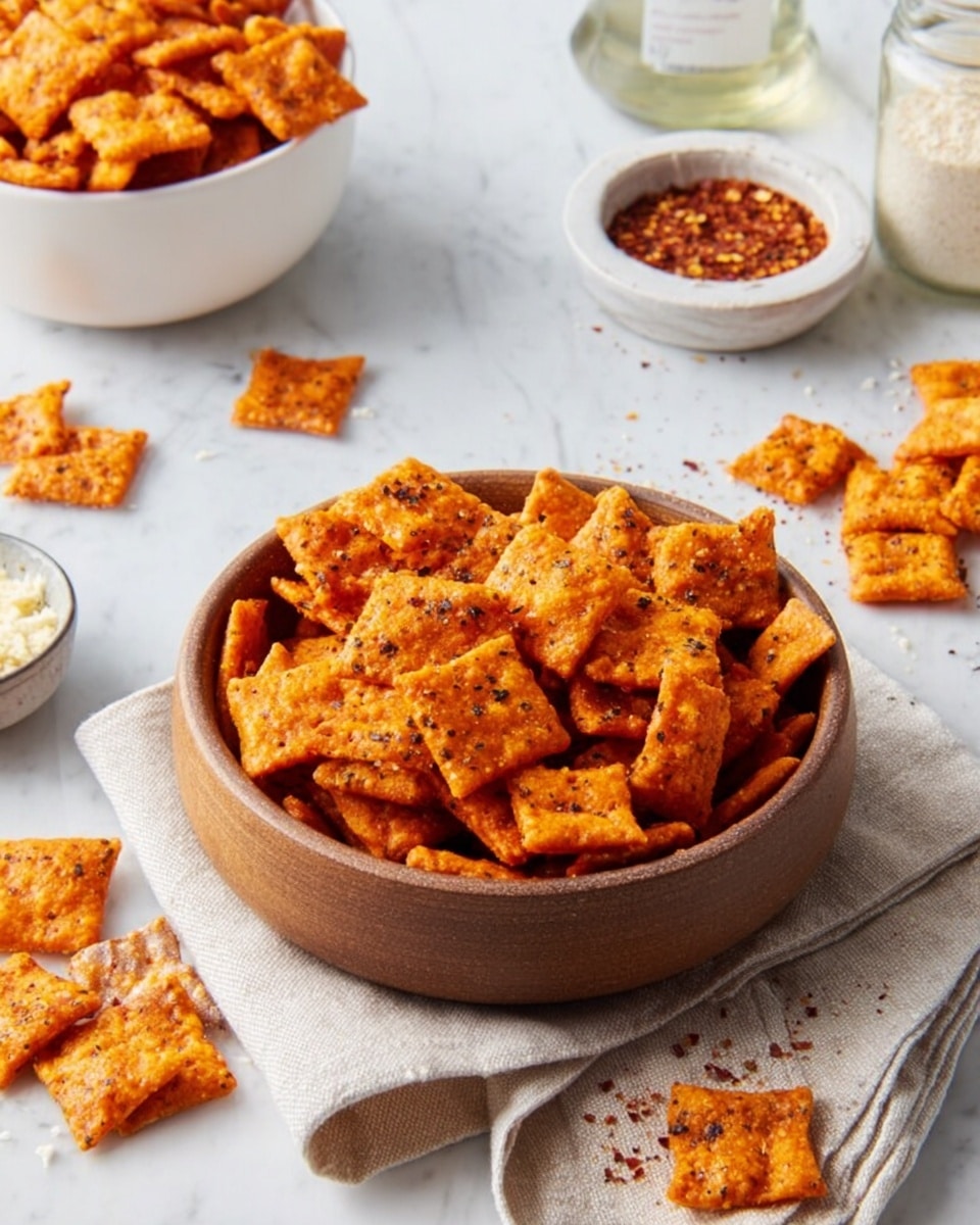 The image shows multiple servings of orange-colored crispy snacks shaped like small squares with some specks of seasoning on them. The main focus is a medium brown bowl filled with these snacks, placed on a beige folded cloth on a white marbled surface. Around the main bowl, there is a white bowl on the left with more of the same snacks, some snacks scattered near it, and another small white bowl behind it containing white crumbs or powder. To the right, a small white marbled bowl holds a red spice mix with some spilled flakes nearby. The overall setup uses simple, clean white bowls and a white marbled background. photo taken with an iphone --ar 4:5 --v 7
