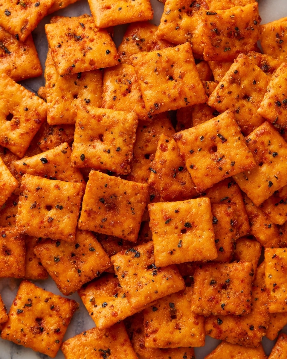 A close-up view of many square-shaped crackers piled together, each cracker having a rough, slightly crunchy texture with a golden orange color. The crackers are coated with dark black and red seasoning specks scattered unevenly on their surface, giving a spicy and flavorful look. Each cracker has a small, centered hole and ridged edges, showing a fresh baked crispiness. The image shows the crackers overlapping each other fully, creating a thick layer of savory snacks, all set on a white marbled texture. photo taken with an iphone --ar 4:5 --v 7