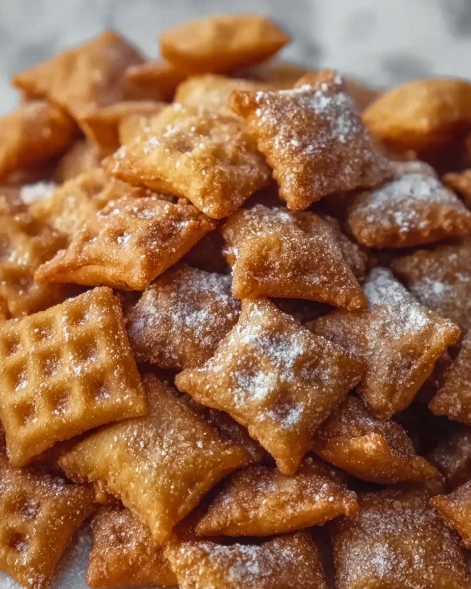 A close-up view of many small, square-shaped fried snacks piled together, each with a golden brown color and a crispy texture. Some pieces have a grid-like pattern, while others are smoother with slight bubbles on the surface. The snacks are lightly dusted with white powdered sugar, giving them a soft contrast against the warm brown tones. The background is a white marbled texture, making the snacks stand out clearly. photo taken with an iphone --ar 4:5 --v 7