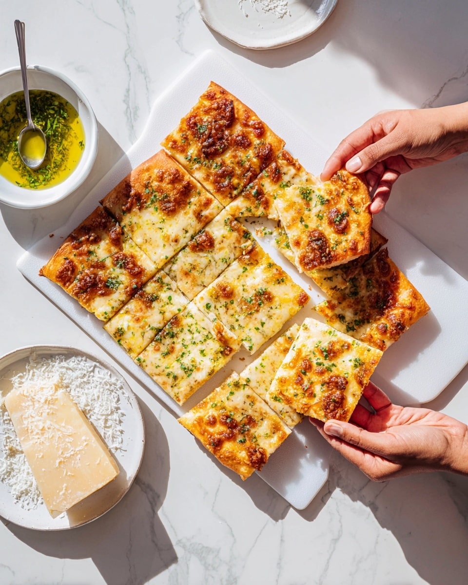 A pizza cut into nine square pieces is shown on a white cutting board placed on a white marbled surface. The pizza has a golden-brown crust with areas of slightly darker browning, a layer of melted cheese that is creamy yellow with browned spots, and small scattered green herb pieces on top. Two woman's hands are holding two pieces of pizza, one from the top right and another from the bottom right. On the left side of the image, there is a white bowl with green herb oil and a spoon inside, and below it, a small white plate holding a wedge of hard cheese with some grated cheese around it. The lighting is bright and natural, casting soft shadows. Photo taken with an iphone --ar 4:5 --v 7