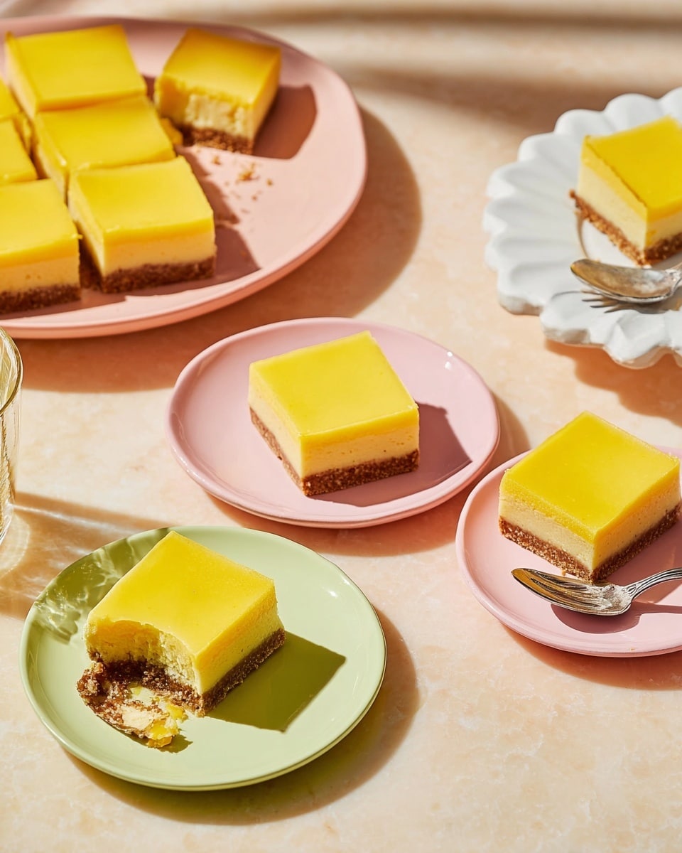 The image shows square lemon bars with three layers: a smooth, bright yellow top layer, a thicker, slightly darker yellow middle layer, and a crumbly brown crust base. Several lemon bars are placed on a white plate with scalloped edges in the top right corner. Two pastel pink plates each hold two lemon bars, with one plate also holding a silver fork. A white plate holds one lemon bar near the bottom right, and a pastel green plate at the bottom left holds a lemon bar with a bite taken out and a silver spoon resting beside it. The scene is set on a white marbled surface with soft, warm lighting, casting gentle shadows. photo taken with an iphone --ar 4:5 --v 7