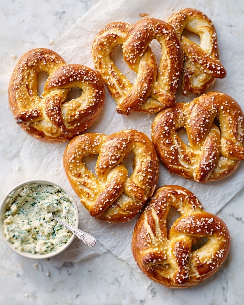 The image shows six golden-brown pretzels sprinkled with coarse salt, arranged on white parchment paper over a white marbled surface. Each pretzel has a smooth, shiny crust with darker, baked edges and is twisted into the classic knot shape with three main loops. In the lower left corner, there is a small white bowl filled with a creamy dip mixed with green herbs, and a spoon rests inside the bowl with a woman's hand holding it. The lighting highlights the soft, fluffy texture inside the pretzels where the crust has slightly split. Photo taken with an iphone --ar 4:5 --v 7