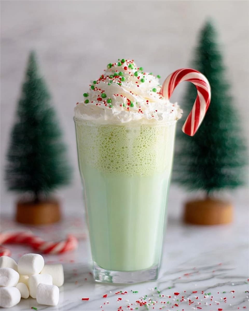 A tall clear glass filled with three visible layers: the bottom layer is a pale green creamy drink, the middle layer is a lighter green foam, and the top layer is white whipped cream with small red and green round sprinkles on it. A red, white, and green striped candy cane hangs on the right side of the glass. The glass is set on a white marbled surface with some small white marshmallows and red and green sprinkles scattered around. In the background, two small green pine trees stand on round wooden bases, slightly blurred. photo taken with an iphone --ar 4:5 --v 7