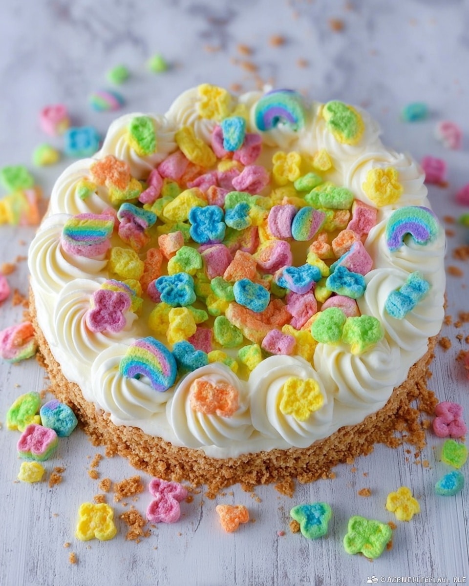 The image shows a round dessert with two main layers. The bottom layer is light brown and slightly crumbly like a cookie or cake. On top of this base, there is a thick layer of creamy white frosting, which is decorated around the edges with swirled rosettes of the same frosting. Colorful marshmallow cereal pieces in bright colors like yellow, green, blue, pink, orange, and purple are scattered all over the frosting and some fall onto the white marbled background around the dessert. The marshmallows come in different shapes such as rainbows, hearts, and clovers. photo taken with an iphone --ar 4:5 --v 7