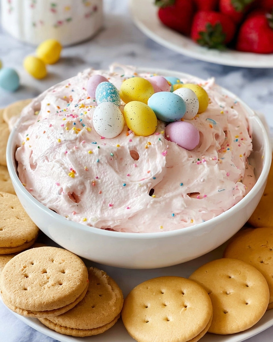 A white bowl filled with a large scoop of light pink creamy dip, textured with small air pockets and colorful sprinkles. Scattered on top and mixed inside the dip are small pastel-colored candy eggs in yellow, blue, white, and pink, adding a speckled look. The bowl sits on a white marbled surface and is surrounded by two types of cookies: golden sandwich cookies with cream filling on the left, and round golden vanilla wafers on the right. In the blurred background, there is a white plate with bright red strawberries and a white container with pastel writing. Photo taken with an iphone --ar 4:5 --v 7