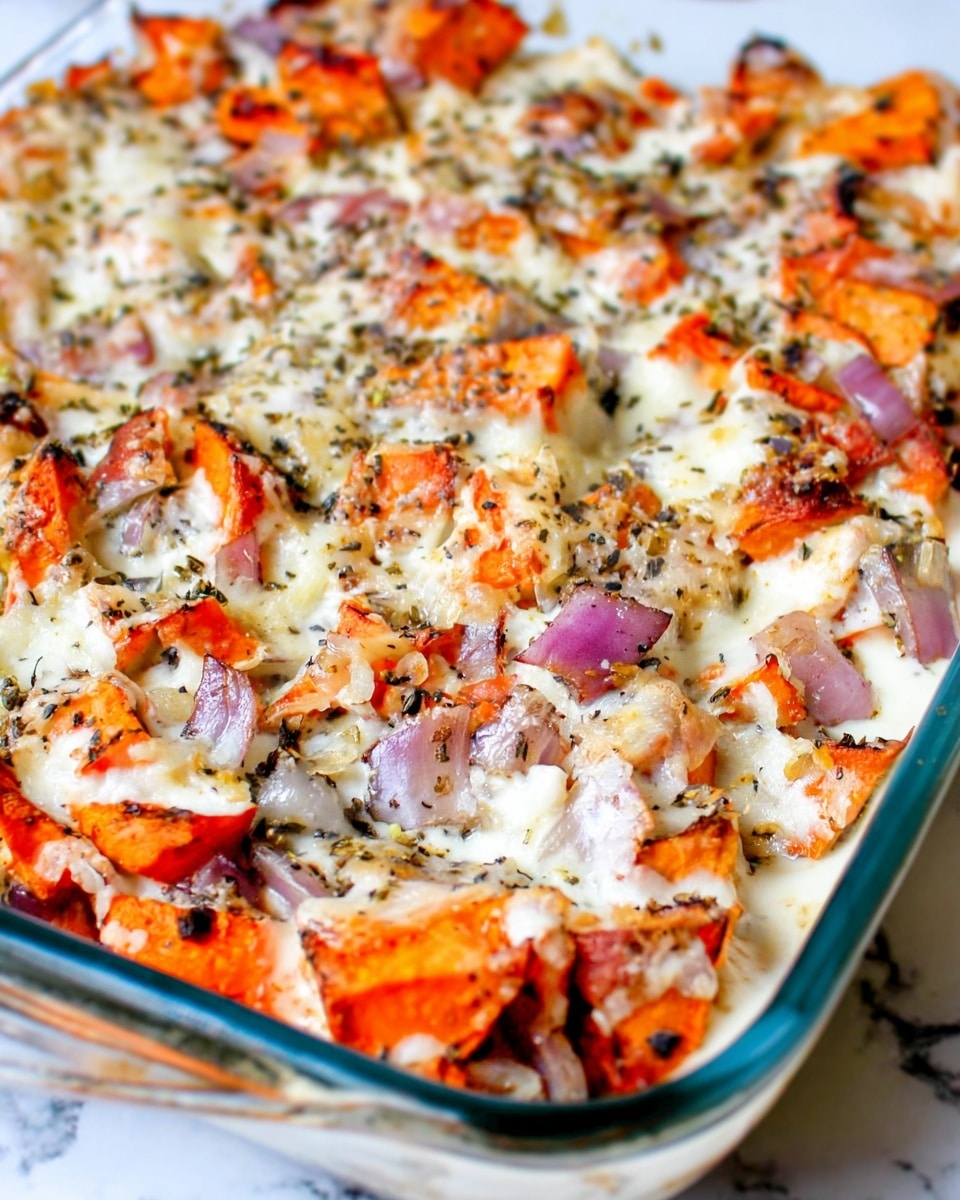 A close-up of a baked dish in a clear glass pan sitting on a white marbled surface, filled with layers of white creamy cheese and scattered chunks of orange roasted sweet potatoes mixed with small pieces of purple-red onion, all seasoned with herbs and black pepper. The cheese is melted and slightly browned in places, while the sweet potatoes and onions show some charred edges, giving a textured and colorful look to the dish photo taken with an iphone --ar 4:5 --v 7