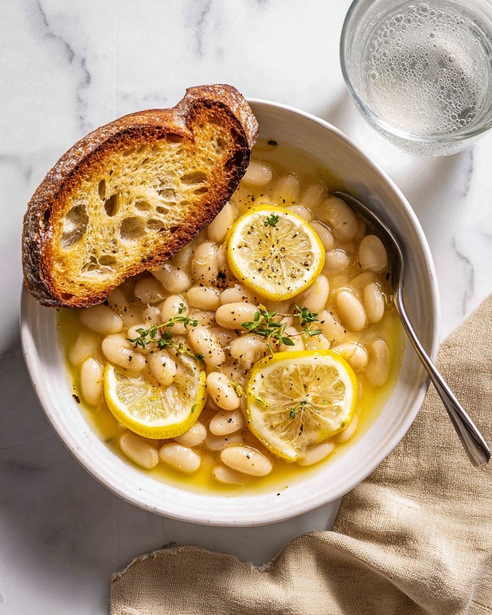 A white bowl filled with soft white beans in a light yellow broth, topped with two thin lemon slices and small green herb sprigs, sprinkled with black pepper. On top, there is one toasted slice of rustic brown bread with a crispy texture. The bowl sits on a white marbled surface with a beige cloth napkin underneath on the right side, and a clear glass of water with bubbles is placed nearby. Photo taken with an iphone --ar 4:5 --v 7