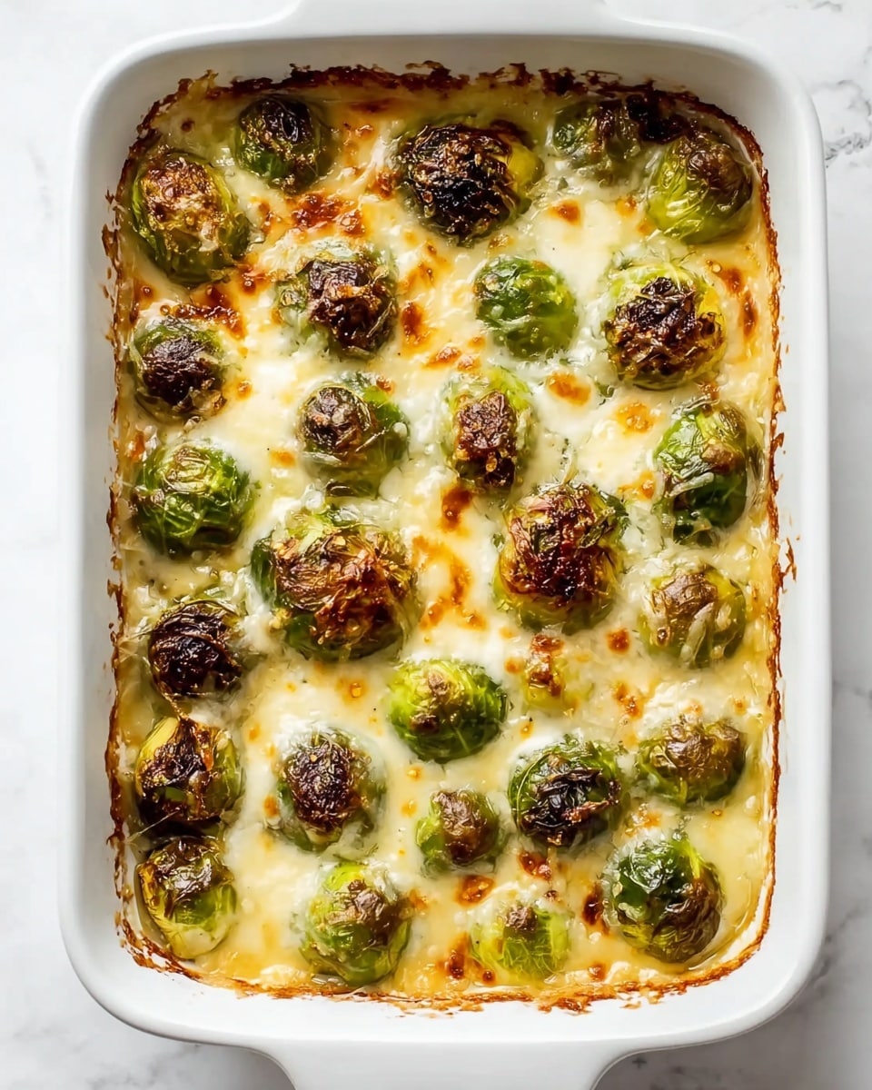A white rectangular baking dish filled with one layer of Brussels sprouts topped with a creamy melted cheese sauce that is golden and slightly browned in spots, especially on the Brussels sprouts which show a mix of green and dark brown caramelized edges. The cheese sauce looks rich, bubbling around the edges of the dish with lightly browned baked spots visible where the sauce meets the dish. The surface beneath the dish has a white marbled texture. photo taken with an iphone --ar 4:5 --v 7
