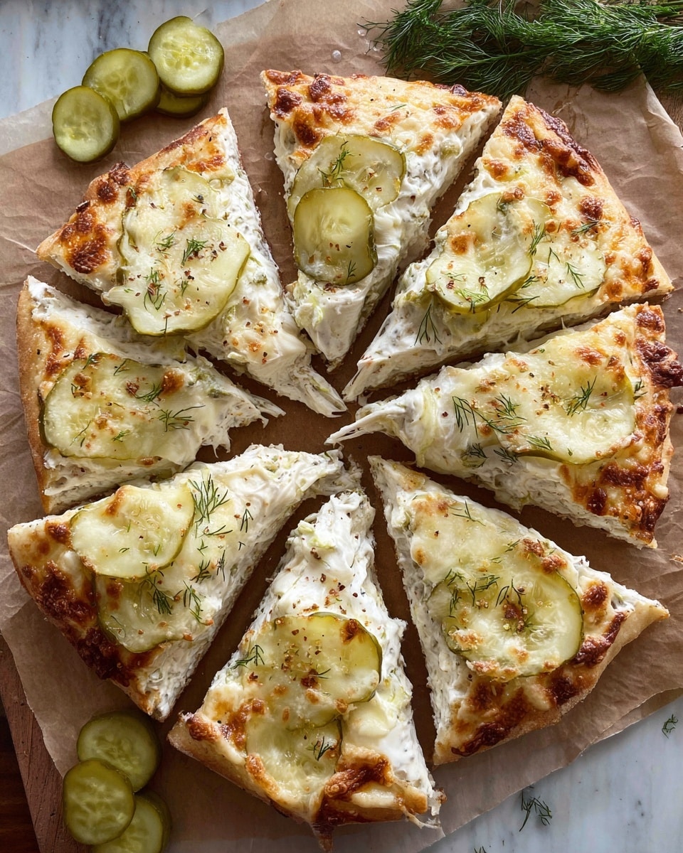 A round pizza cut into eight slices sits on brown paper with a white marbled texture underneath. The pizza has three main layers: a light, soft crust at the base; a thick white creamy layer spread generously on top; and slices of green pickle arranged under a bubbly, golden-brown melted cheese top layer that shows some browned spots. Fresh green dill is sprinkled lightly on the creamy layer. Around the pizza, there are extra pickle slices and small bunches of fresh dill for decoration. Photo taken with an iphone --ar 4:5 --v 7