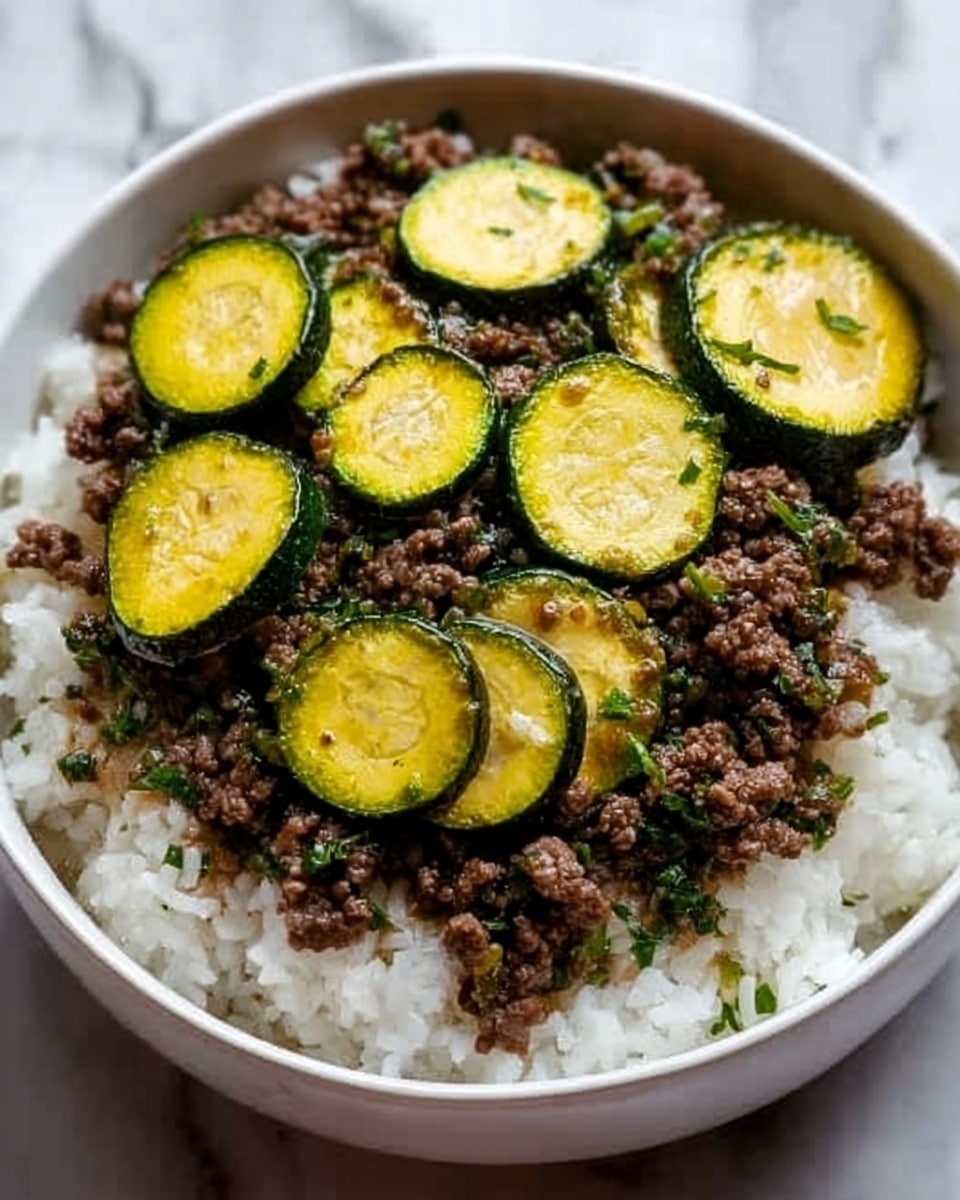 The image shows a white bowl filled with three layers. The bottom layer is white rice with a soft and fluffy texture. The middle layer is cooked ground beef mixed with small green herbs, giving a dark brown and green color. On top, there are several round slices of cooked zucchini, yellow-green inside with slight browning on the edges, scattered evenly over the beef. The bowl is placed on a white marbled surface. Photo taken with an iphone --ar 4:5 --v 7
