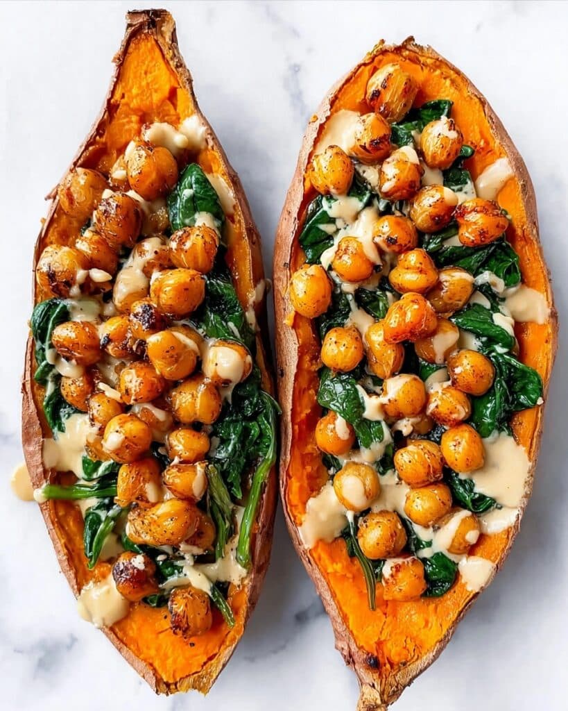 Chickpea Spinach Stuffed Sweet Potatoes Recipe