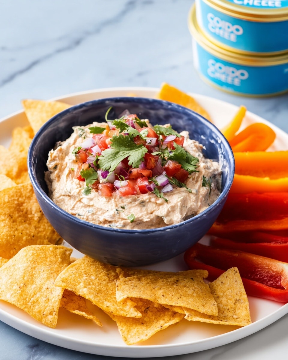A blue bowl holds a creamy, light brown dip topped with chopped bright red tomato pieces, finely diced purple onion, and fresh green cilantro leaves. The bowl is placed on a white plate, surrounded by golden, crispy tortilla chips on the left side and sliced orange bell peppers on the right side. Behind the plate, two stacked tubs of cottage cheese with blue labels are visible. The scene is set on a white marbled surface. photo taken with an iphone --ar 4:5 --v 7