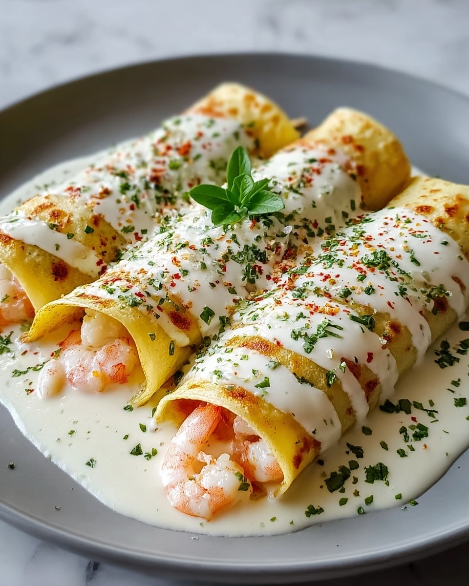 The image shows three rolled crepes laid side by side on a white plate, each filled with pink shrimp that slightly peek out from the ends. The crepes are golden yellow with light browning on some spots, covered generously with a thick white creamy sauce that drips down the sides. On top of the sauce, there are sprinkles of finely chopped green herbs and small bits of red seasoning. A small green herb leaf sits on top in the center for garnish. The plate is placed on a white marbled surface. Photo taken with an iphone --ar 4:5 --v 7