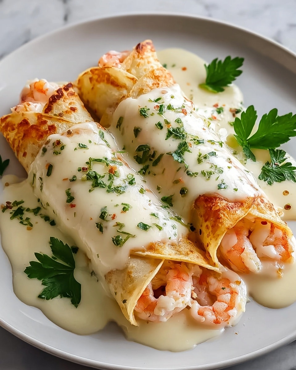 Two rolled crepes filled with pink shrimp and creamy white sauce peek out from the ends, resting side by side on a white plate. The crepes have a golden-brown, slightly crispy outer layer and are covered with a thick layer of melted white cheese sauce that drips onto the plate, garnished with small green herb flakes scattered on top. Some green parsley leaves decorate the plate around the crepes, adding fresh color. The plate sits on a white marbled surface. photo taken with an iphone --ar 4:5 --v 7