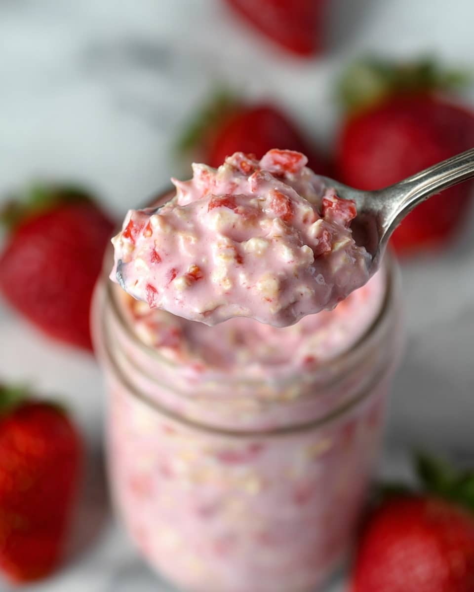 A close-up view of a spoon holding a creamy pink mixture of oats and chopped strawberries, showing small bits of red fruit and textured oats coated in a smooth, thick pink yogurt or milk base. Below the spoon, a glass jar is filled with the same pink oat and strawberry blend, with some red pieces visible throughout. Around the jar are a few whole fresh strawberries, bright red with green tops, all set on a white marbled surface. The image focuses on the spoonful in the foreground with the jar and strawberries softly blurred behind it. Photo taken with an iphone --ar 4:5 --v 7