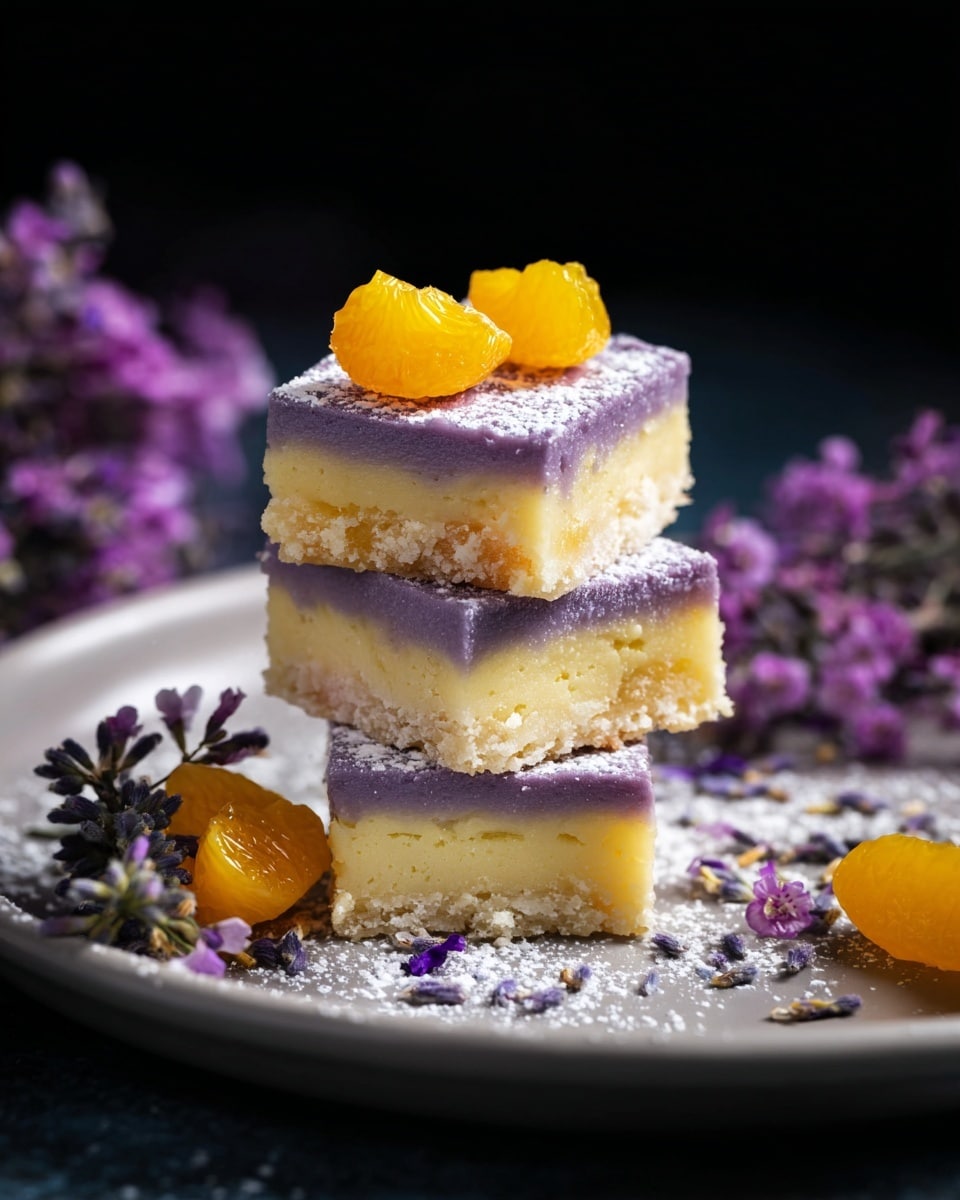 Three square dessert bars are stacked on a white plate with a white marbled texture underneath. Each bar has two layers: a bottom thick pale yellow layer that looks soft and crumbly, and a top thinner purple layer with a smooth texture dusted with powdered sugar. Two bright yellow small fruit segments sit on the top bar, while small purple flower buds are scattered around the plate and near the bars. The background is dark, making the colors of the dessert stand out. photo taken with an iphone --ar 4:5 --v 7
