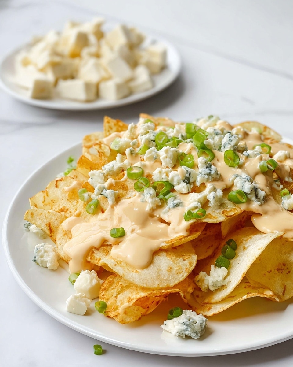 A white plate sits on a white marbled surface, filled with a stack of golden potato chips layered with creamy light beige cheese sauce drizzled unevenly on top. Scattered across the chips are small chunks of crumbly white cheese with hints of blue. Bright green chopped scallions are sprinkled over everything for a fresh pop of color. In the background, a small white plate holds more pieces of the crumbly white cheese. photo taken with an iphone --ar 4:5 --v 7