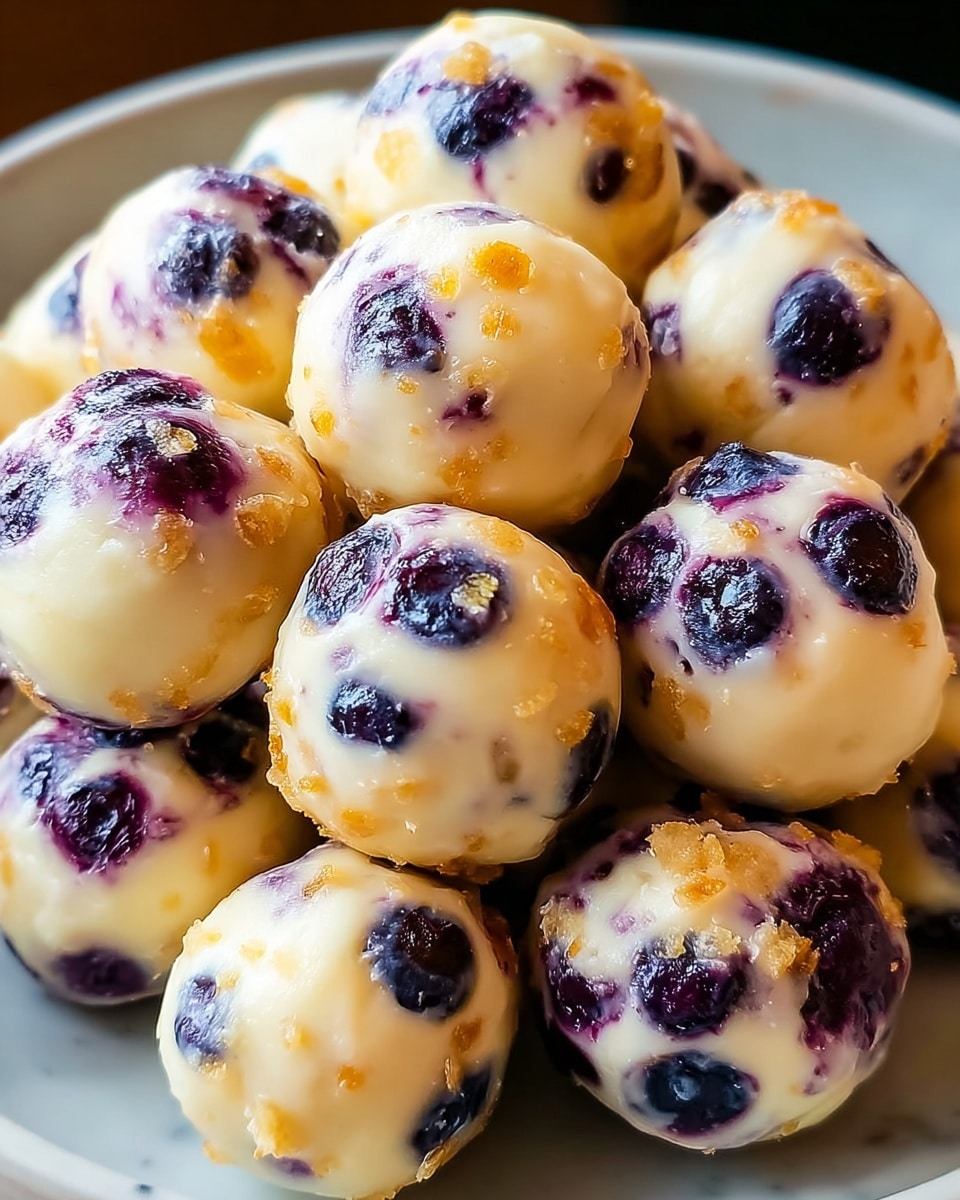 A close-up of a pile of small, round treats on a white plate, each having an outer layer of creamy, pale yellow with a smooth, slightly shiny texture, spotted with golden-brown crunchy bits. Inside each ball, visible through the outer layer, are deep purple-blue blueberries that add contrast and color variation. The balls are tightly packed together, showing their round shapes clearly against the plate, all resting on a white marbled surface. photo taken with an iphone --ar 4:5 --v 7