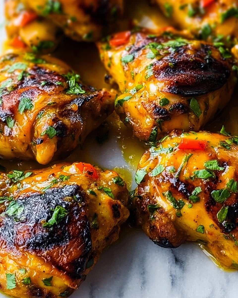 The image shows several pieces of grilled chicken with a shiny golden-brown color and some charred spots on the skin, giving a crispy texture. The chicken pieces are coated in a rich, thick sauce that is yellowish-orange with visible bits of red pepper. Fresh green chopped herbs are sprinkled all over the chicken, adding a fresh touch and color contrast. The background has a white marbled texture, creating a clean and simple look. photo taken with an iphone --ar 4:5 --v 7