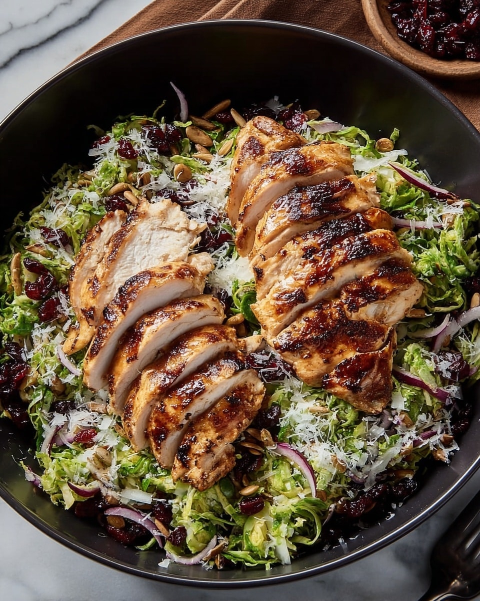 A large black bowl sits on a white marbled surface, filled with a fresh salad base made of finely shredded green Brussels sprouts mixed with thin slices of purple-red onions, dark red dried cranberries, and light brown sunflower seeds. On top of this bed are two thick pieces of grilled chicken breast, cut into several slices to show the juicy, light brown meat inside, with a shiny, slightly charred golden-brown crust on the outside. The salad is lightly sprinkled with white grated cheese adding fine texture details. Photo taken with an iphone --ar 4:5 --v 7