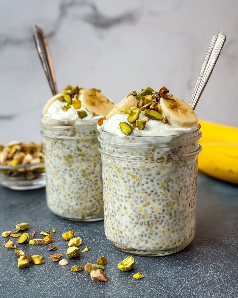 Two clear jars filled with creamy white chia pudding speckled with tiny black chia seeds sit on a dark surface. Each jar has a spoon inside and is topped with a layer of whipped cream, slices of pale yellow banana, and scattered green and brown chopped pistachios. Behind the jars, there is a clear dish with more pistachios on the left and a yellow banana partially visible on the right, all set against a white marbled texture background. photo taken with an iphone --ar 4:5 --v 7