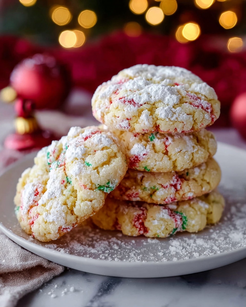 A close-up of a stack of five round cookies with a cracked surface, resting on a white plate. Each cookie has a light yellow base with scattered red and green streaks throughout their rough texture. The cookies are dusted generously with white powdered sugar, adding a soft, powdery layer on top. The plate sits on a light-colored cloth on top of a white marbled surface. In the blurry background, warm yellow fairy lights and red ornaments create a festive feel. photo taken with an iphone --ar 4:5 --v 7