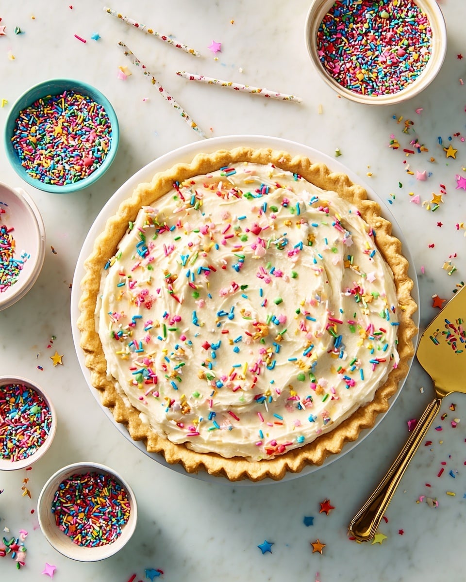 A single-layer round pie with a golden crimped crust showing small colorful bits baked in, topped with a smooth creamy off-white frosting spread evenly to the edges, sprinkled generously with bright multicolored sprinkles in red, blue, green, yellow, pink, orange, and white. The pie sits on a white plate on a white marbled surface, surrounded by small bowls filled with matching colorful sprinkles and birthday candles with gold star toppers, along with a golden pie server placed to the right. Photo taken with an iphone --ar 4:5 --v 7