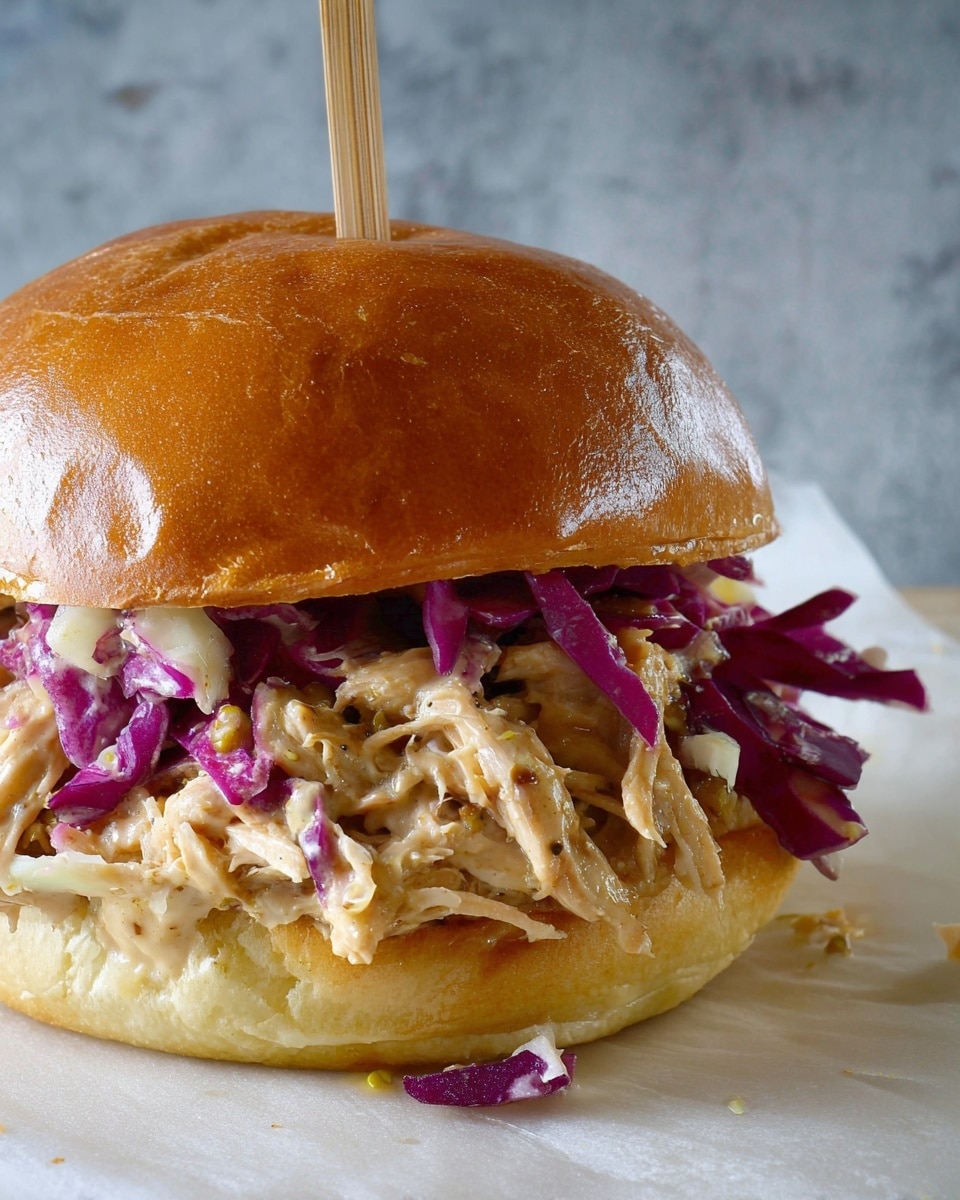 A close-up of a sandwich showing three main layers: the top layer is a shiny, golden brown soft bun with a smooth texture and a small wooden pick stuck in the center; the middle layer contains moist shredded chicken mixed with creamy sauce and small mustard seeds, giving it a soft and juicy texture with light brown color; the next layer underneath has vibrant purple shredded cabbage adding a crunch and bright color contrast; the bottom layer is a soft, light golden bun. The sandwich is placed on a white marbled texture. Photo taken with an iphone --ar 4:5 --v 7