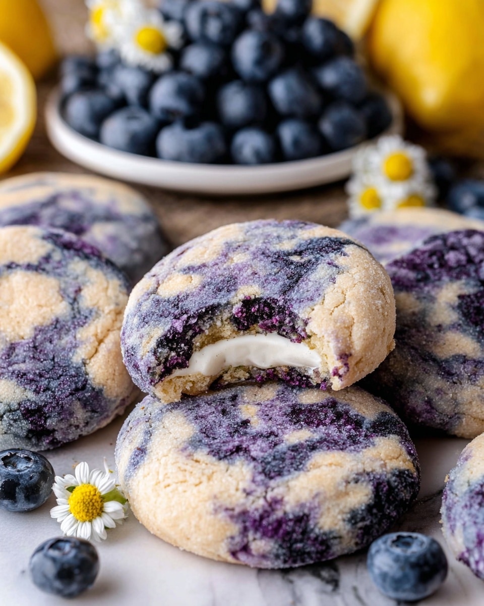 The image shows several round cookies with a marbled pattern of light beige and purple-blue colors, indicating blueberries mixed into the dough. One cookie in the center has a bite taken from it, revealing a creamy white filling inside. The cookies are placed on a surface with a white marbled texture, with some blueberry fruits and a sliced lemon around them. In the background, a white plate full of fresh blueberries is partly visible, decorated with small white and yellow flowers. The cookies have a slightly sugar-coated, textured outer layer. photo taken with an iphone --ar 4:5 --v 7