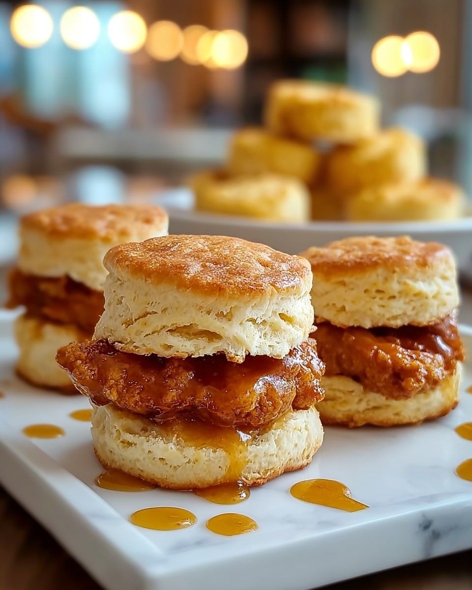 Three small sandwiches sit on a white plate with a white marbled surface underneath. Each sandwich has three layers: a light golden biscuit top with a flaky, soft texture, a middle layer of crispy fried chicken glazed with a shiny amber sauce, and a bottom biscuit layer matching the top, also light golden and flaky. Small droplets of the amber sauce are visible on the plate around the sandwiches. In the background, out of focus, there are more biscuits and what appears to be a blurry setting with warm lights. photo taken with an iphone --ar 4:5 --v 7