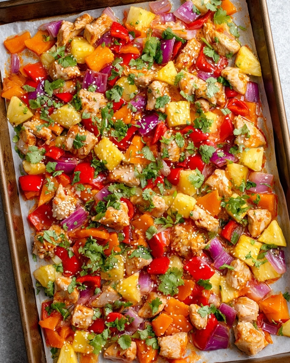 This image shows a baking tray lined with parchment paper filled with colorful cooked food evenly spread out. The dish has chunks of white cooked chicken mixed with diced bright red and orange bell peppers, yellow pineapple pieces, and some purple-red onion slices. The chicken looks tender and coated lightly with sauce that gives a shiny texture. Green cilantro leaves are scattered on top along with small white sesame seeds, adding a fresh and textured look. The colors are vibrant, and the mix fills the tray fully, creating a lively, delicious appearance. Photo taken with an iphone --ar 4:5 --v 7