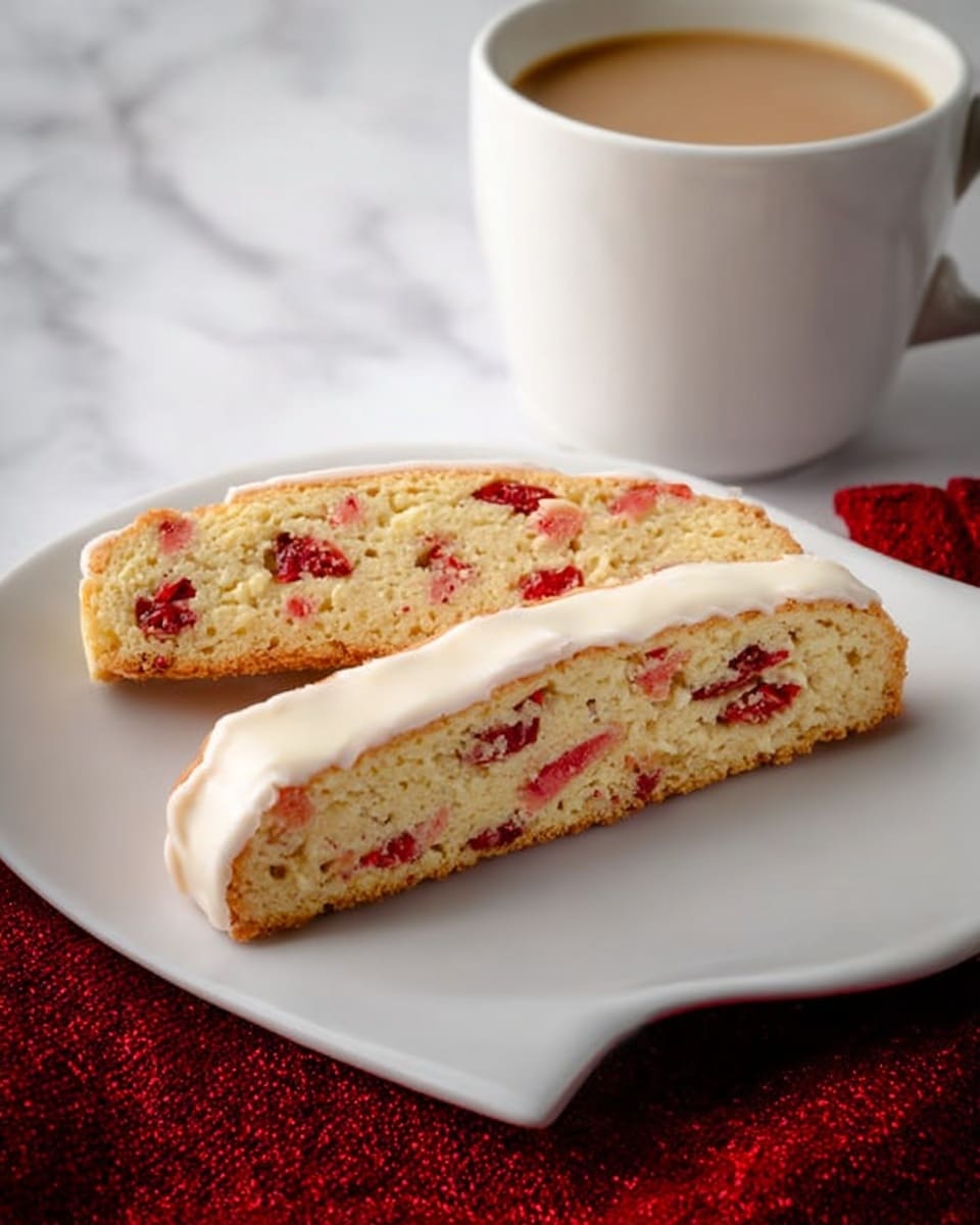 The image shows two biscotti pieces placed side by side on a white plate with a curved design at one corner. Each biscotti has a light golden brown color with red bits inside, which look like pieces of dried fruit or berries. One biscotti is plain on top and bottom, while the other has a thick layer of white icing on one side. The plate is set on a white marbled surface with a red textured cloth nearby. In the background, there is a white cup filled with a light brown drink, possibly coffee or tea. photo taken with an iphone --ar 4:5 --v 7