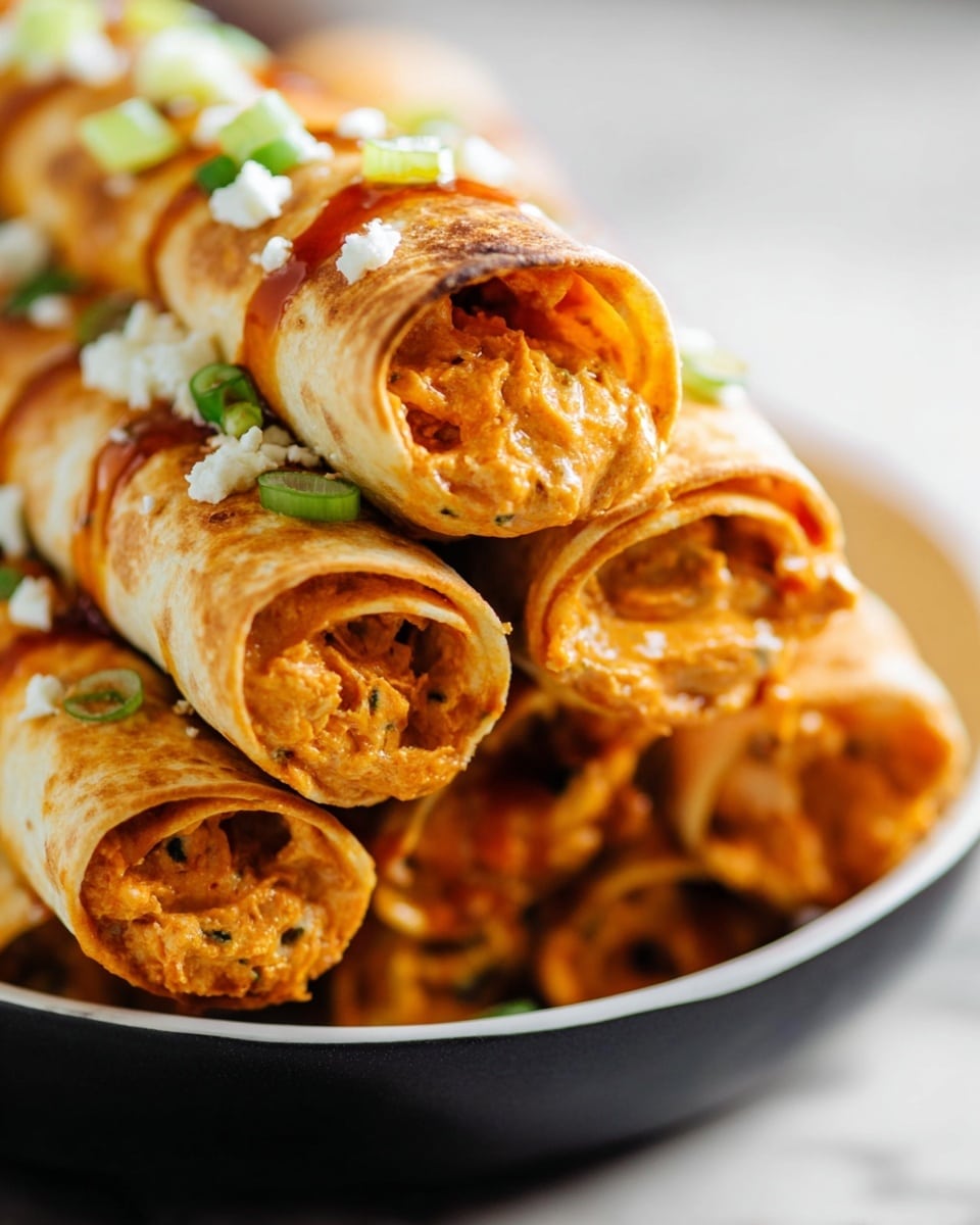 A close-up view shows a stack of six rolled tortillas filled with a soft orange mix, tightly wrapped inside light golden tortillas with slightly browned edges. The rolled tortillas are placed one on top of the other in a white bowl with a black inside, sitting on a white marbled surface. Drizzled over the top is a reddish-orange sauce, with small bits of green onion and white crumbled cheese scattered across the tortillas. The image focuses on the texture of the filling and the sauce shine, with soft light creating a warm, appetizing look. photo taken with an iphone --ar 4:5 --v 7
