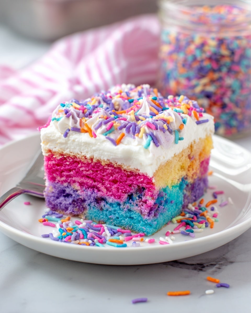 A square slice of colorful cake is shown on a white plate resting on a white marbled surface. The cake has one visible thick layer with three main colors inside: bright pink on the left, purple in the middle, and blue on the right, with small hints of yellow near the bottom edge. The entire top is covered with smooth, white frosting sprinkled with multicolored long sprinkles mainly in pink, blue, orange, purple, and white. Some sprinkles have fallen onto the plate. In the background, a blurry jar filled with similar colorful sprinkles is visible, and a soft pink-striped cloth is beneath it. Photo taken with an iphone --ar 4:5 --v 7