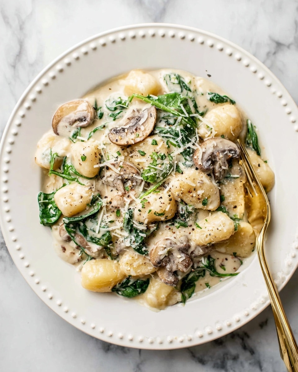 A white plate with a raised dotted border holds a creamy gnocchi dish. The gnocchi is soft and light golden, covered in a thick white cream sauce mixed with wilted green spinach leaves and thin, light brown sliced mushrooms. Finely grated cheese is sprinkled on top, and freshly ground black pepper adds small dark specks throughout. A gold and white fork lies on the right side of the plate, resting partly in the sauce. The plate sits on a white marbled surface. Photo taken with an iphone --ar 4:5 --v 7