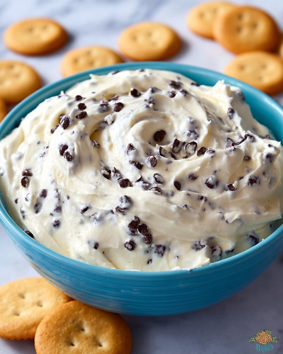 A close-up view of a blue bowl filled with creamy white dip that is thick and smooth, mixed with many small, dark chocolate chips spread evenly throughout. The dip has soft swirls and glossy texture on the surface. Around the bowl's base are round, golden-brown vanilla wafer cookies scattered loosely. The bowl sits on a white marbled texture. photo taken with an iphone --ar 4:5 --v 7