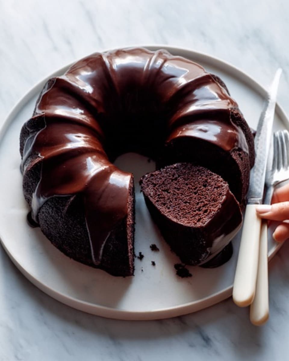 A rich, dark chocolate bundt cake with a glossy chocolate glaze smoothly covering the top and sides, showing a moist and dense texture inside where a slice has been cut and partially removed, placed on a round white plate that sits on a white marbled surface, next to a white-handled knife and fork, a woman's hand is reaching toward the slice, suggesting the cake is ready to serve. photo taken with an iphone --ar 4:5 --v 7