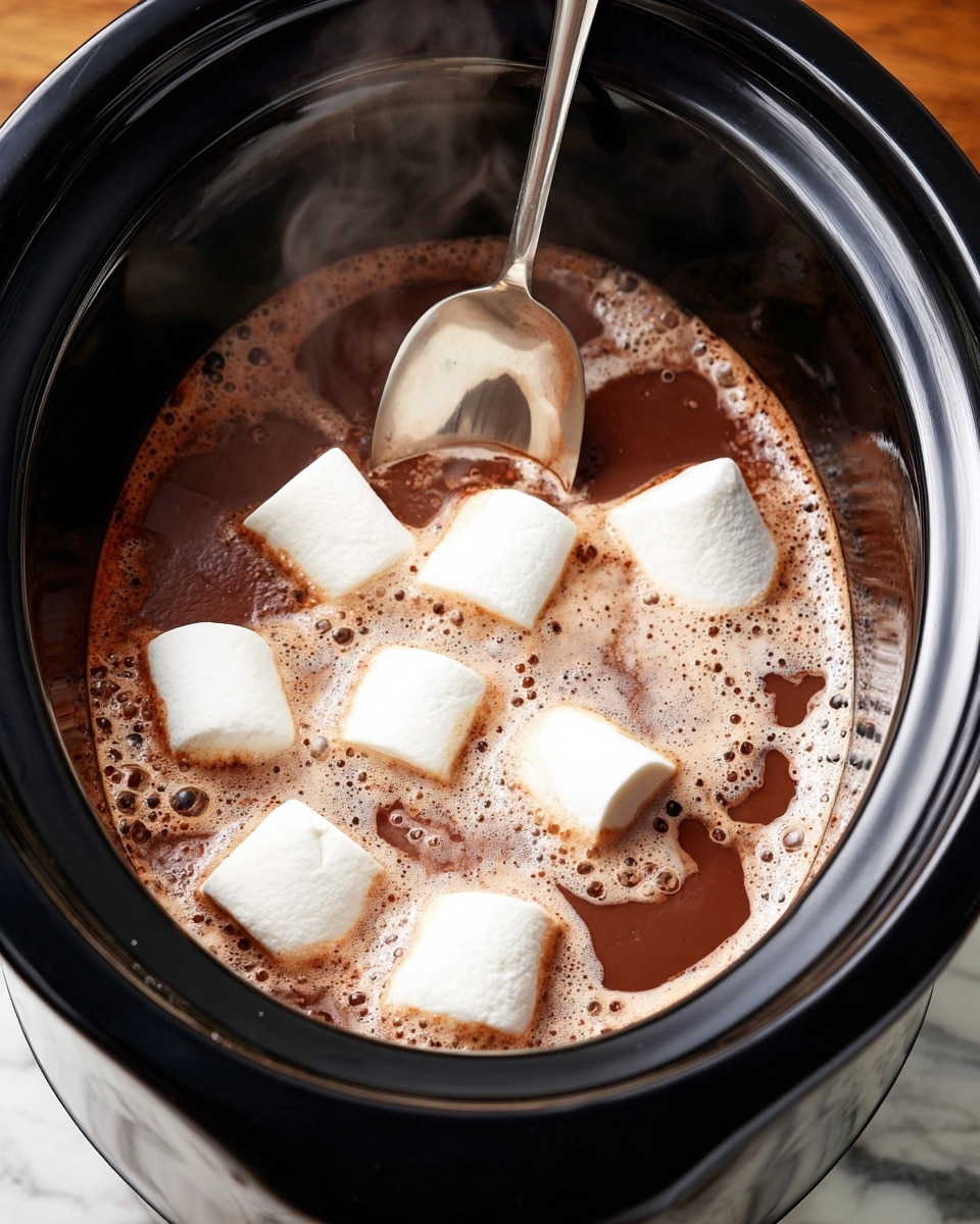 A close-up view of a black round slow cooker filled with hot chocolate. The chocolate liquid is dark brown and topped with seven large, soft, white marshmallows floating on the surface. There are light brown foam bubbles around the marshmallows and steam coming from the drink. A shiny metal spoon is dipped into the hot chocolate from the top center. The slow cooker sits on a white marbled surface with some wood texture visible at the bottom. photo taken with an iphone --ar 4:5 --v 7