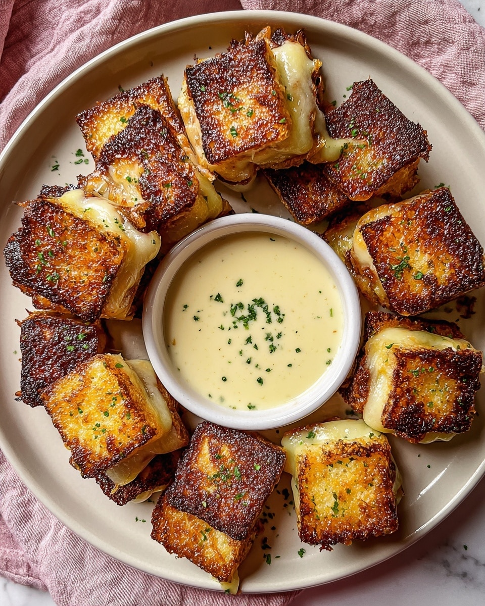 A white plate holds about twelve small grilled cheese squares, each with a crispy, dark golden-brown crust and melted cheese oozing slightly from the sides, sprinkled lightly with green herbs. In the center of the plate is a small white bowl filled with a creamy, pale yellow dipping sauce with a few green herb sprinkles on top. The plate rests on a soft pink cloth with a white marbled texture surface underneath, creating a warm and cozy feel. photo taken with an iphone --ar 4:5 --v 7