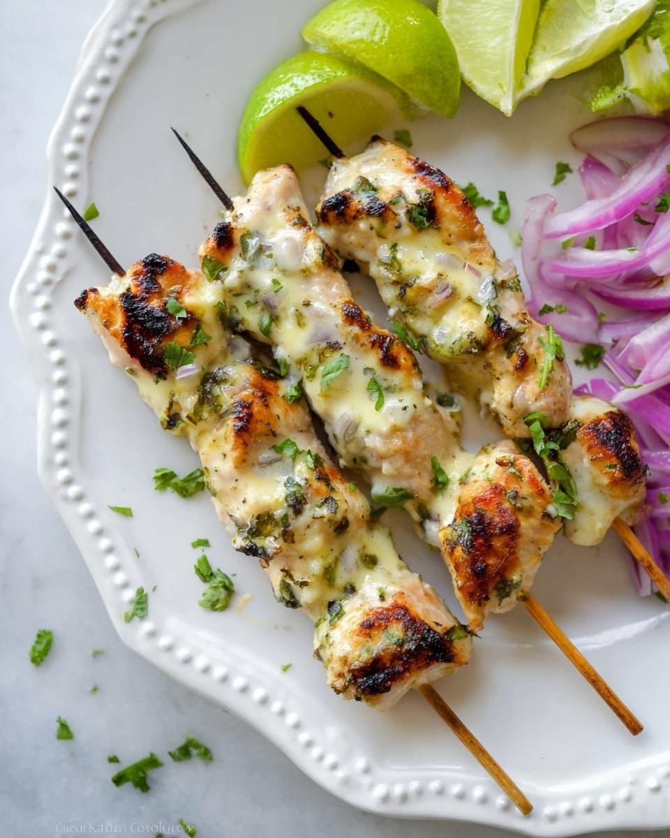 The image shows three grilled chicken skewers placed on a white plate with decorative edges. Each skewer has juicy, slightly charred chicken pieces covered in a light, creamy sauce with melted golden brown spots and visible green herbs. Above the skewers, there are several lime wedges with a fresh, light green color, along with thin slices of raw red onion showing vibrant purple and white layers. Some small green herb leaves are scattered around the plate for garnish. The scene is set on a white marbled background. photo taken with an iphone --ar 4:5 --v 7