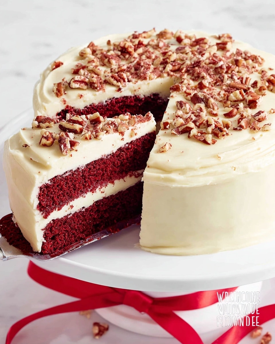 The image shows a two-layer red velvet cake with a smooth, creamy white frosting covering the entire cake. The cake layers are dark red with a moist, soft texture, separated by a thin layer of white frosting. The top of the cake is decorated with small chopped pecans scattered evenly. A slice of the cake is being lifted, showing the contrast between the rich red cake and the white frosting inside and on top. The cake sits on a white cake stand with a red ribbon tied around its base, placed on a surface with a white marbled texture. Photo taken with an iphone --ar 4:5 --v 7