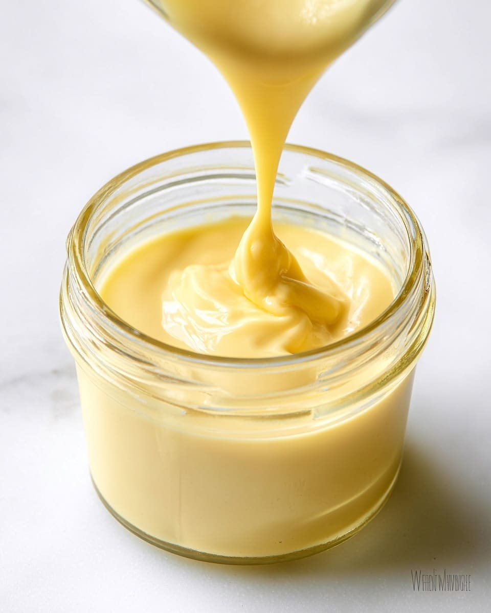 A close-up image shows a thick, smooth, creamy light yellow custard or sauce being poured into a clear glass jar. The texture looks shiny and rich, with gentle folds flowing into the jar. The jar is filled almost to the top, resting on a white marbled surface that brightens the scene. The light highlights the glossy surface of the sauce, giving a fresh and appetizing look. photo taken with an iphone --ar 4:5 --v 7