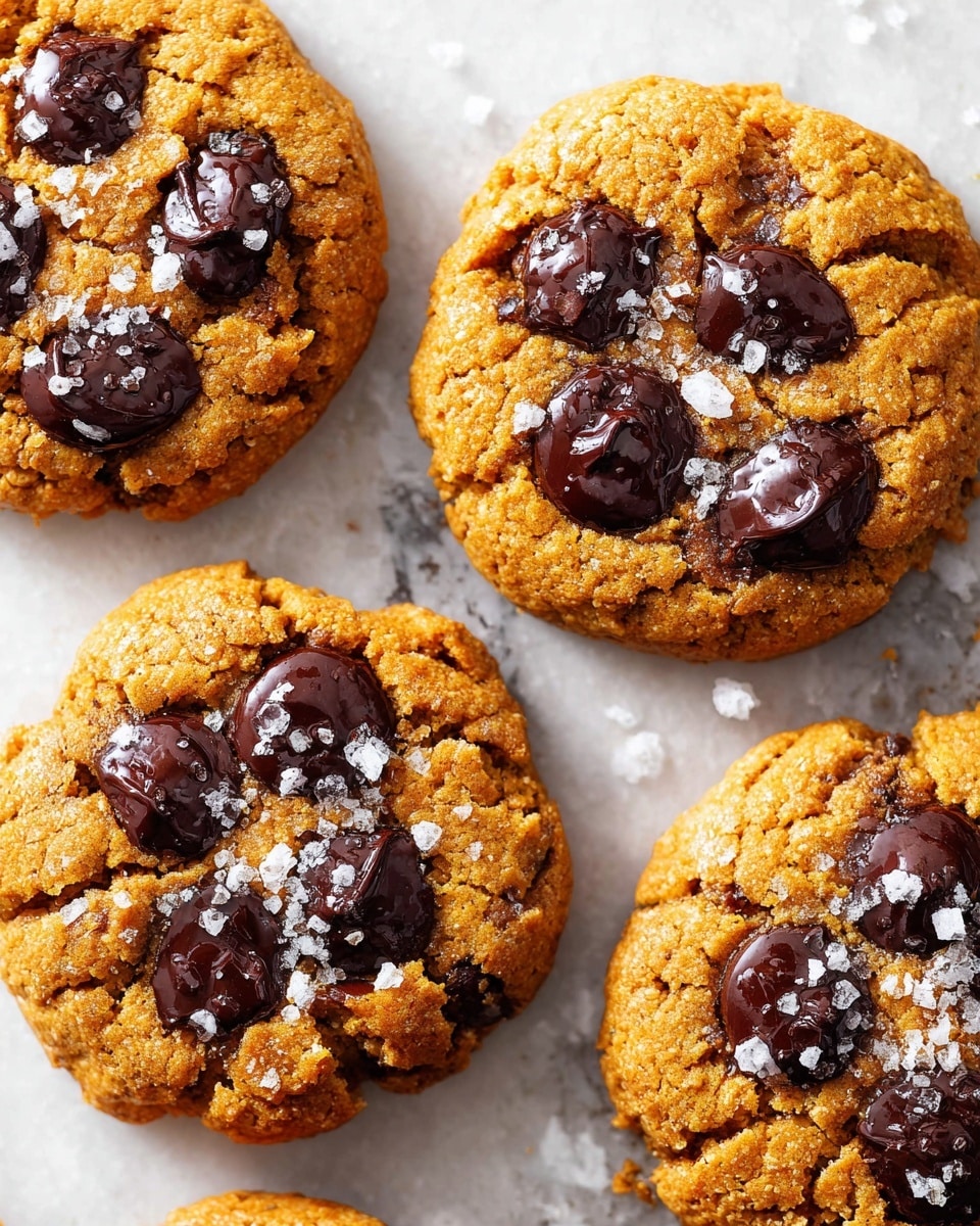 Four round cookies sit on a white marbled surface, each cookie showing a rough, soft texture with a warm golden-brown color. On the top of each cookie, there are six large, glossy dark chocolate chips slightly melted into the cookie dough, giving a rich dark contrast. Scattered generously over the cookies are white flakes of coarse salt that catch light, adding a bit of rough texture and sparkle. The cookies look thick and soft, with slightly uneven edges and slight cracks on the surface. photo taken with an iphone --ar 4:5 --v 7